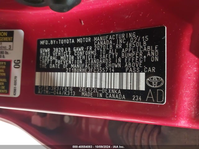 Toyota COROLLA LE 2015 2T1BURHE3FC355714 Image 9