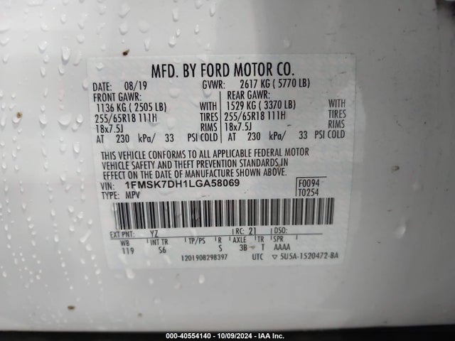 Ford EXPLORER XLT 2020 1FMSK7DH1LGA58069 Image 9