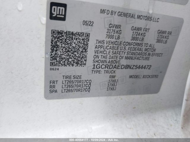 1GCRDAED8NZ544472 Chevrolet Silverado 1500 4wd  Standard Bed Wt