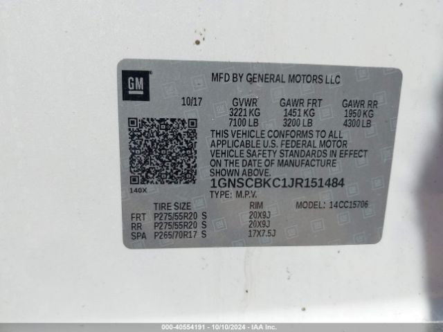 1GNSCBKC1JR151484 Chevrolet Tahoe Lt