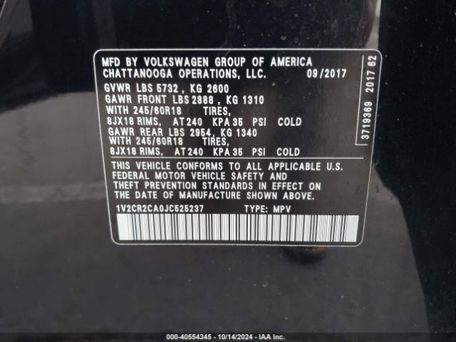 1V2CR2CA0JC525237 Volkswagen Atlas 3.6l V6 Se