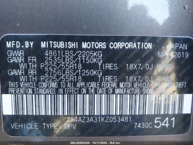2019 MITSUBISHI OUTLANDER JA4AZ3A31KZ053481 Photo 8