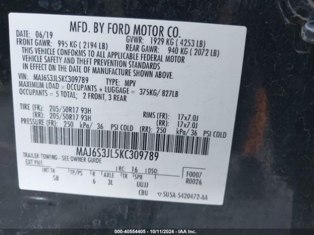 MAJ6S3JL5KC309789 Ford Ecosport Ses