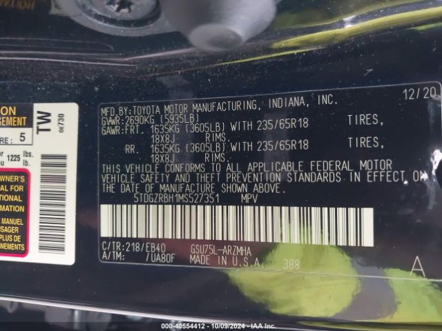 5TDGZRBH1MS527351 Toyota Highlander Xle