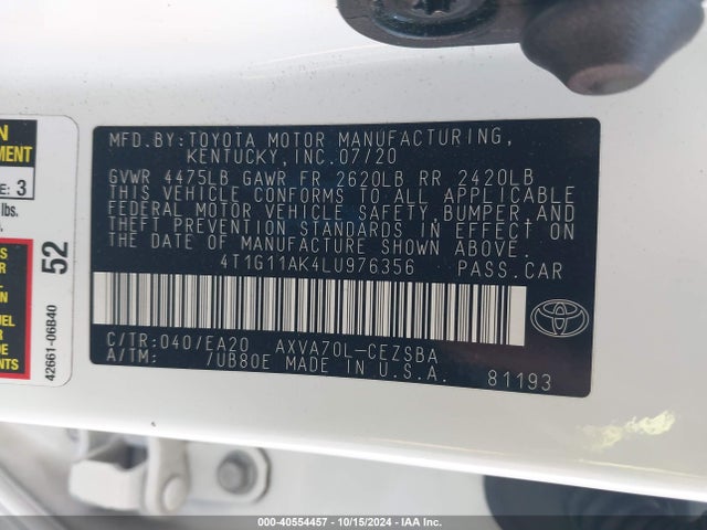 Toyota CAMRY SE 2020 4T1G11AK4LU976356 Image 9
