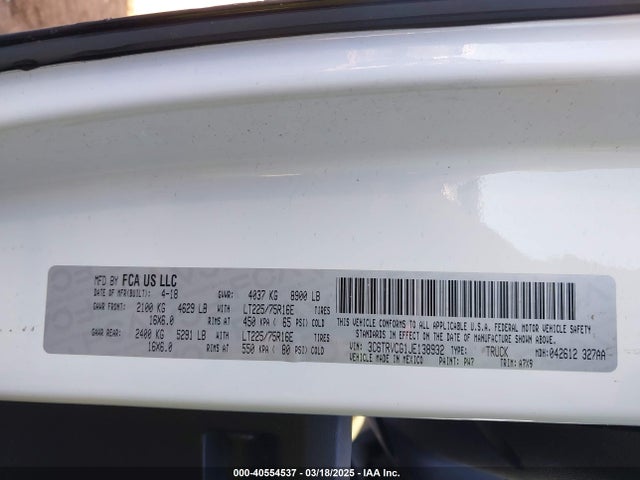 3C6TRVCG1JE138932 RAM Promaster 2500 High Roof 136 Wb