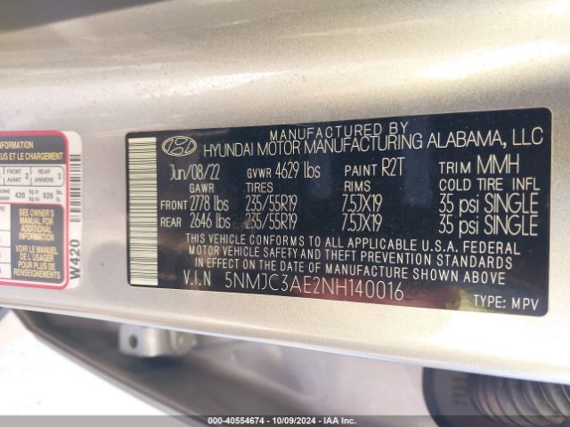 5NMJC3AE2NH140016 Hyundai TUCSON SEL