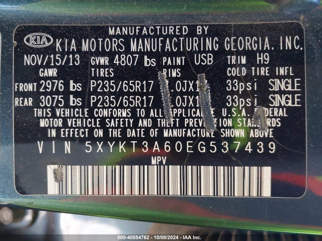 KIA SORENTO LX 2014 5XYKT3A60EG537439 Image 9