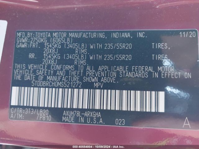 5TDDBRCH0MS521272 Toyota Highlander Hybrid Limited
