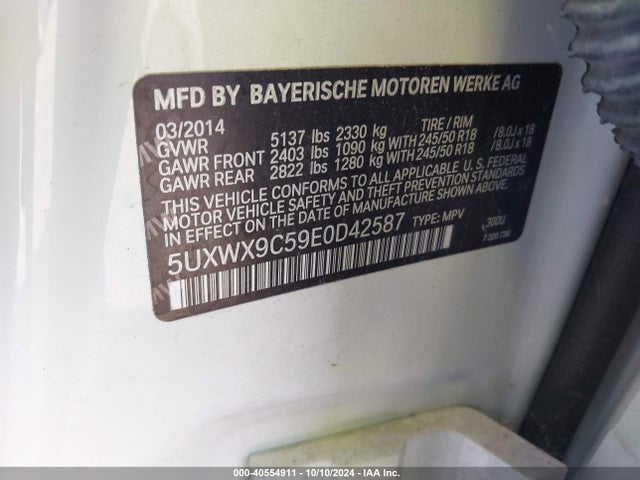 BMW X3 Xdrive28i 2014 5UXWX9C59E0D42587 Image 9