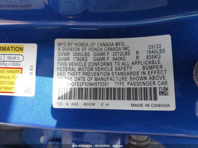 2HGFE2F50NH575391 Honda Civic Sport
