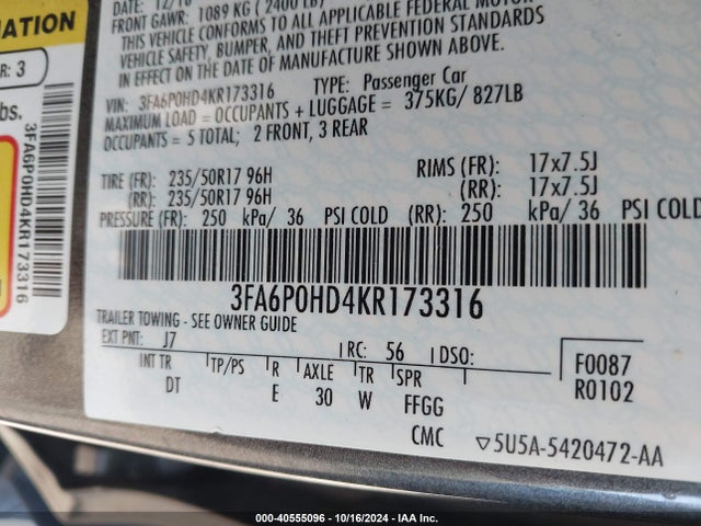 Ford FUSION SE 2019 3FA6P0HD4KR173316 Image 9