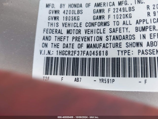 Honda ACCORD LX 2015 1HGCR2F37FA045618 Image 9