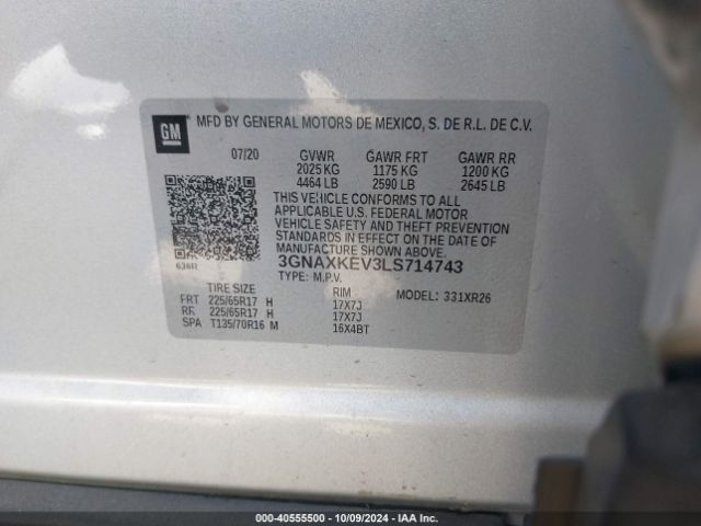 3GNAXKEV3LS714743 Chevrolet Equinox Fwd Lt 1.5l Turbo