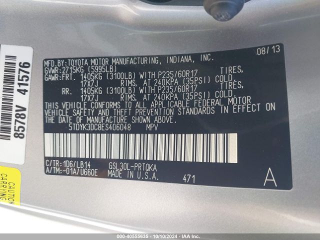 5TDYK3DC8ES406048 Toyota Sienna Xle V6 8 Passenger