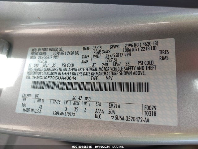 Ford ESCAPE S 2016 1FMCU0F79GUA43644 Image 9