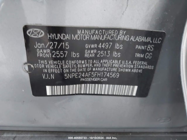 Hyundai SONATA SE 2015 5NPE24AF5FH174569 Image 9