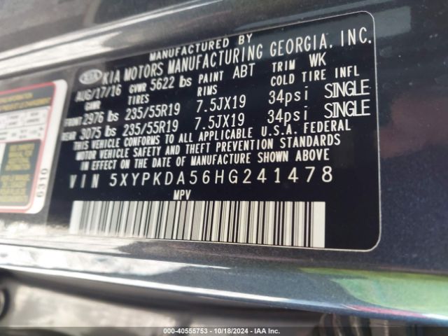 5XYPKDA56HG241478 KIA Sorento 3.3l Sxl