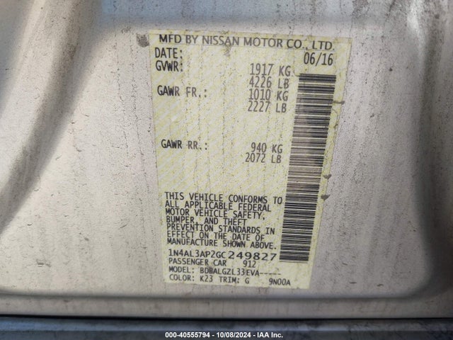1N4AL3AP2GC249827 Nissan Altima 2.5/2.5 S/2.5 Sl/2.5 Sr/2.5 Sv