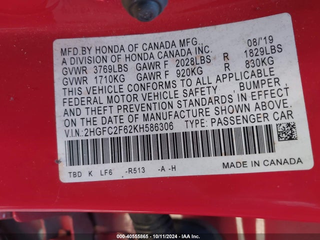 Honda Civic Lx 2019 2HGFC2F62KH586306 Image 9
