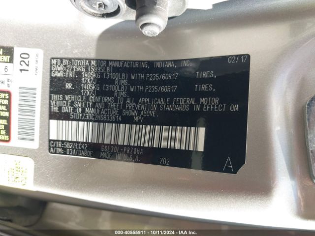 5TDYZ3DC2HS833614 Toyota Sienna Xle 8 Passenger