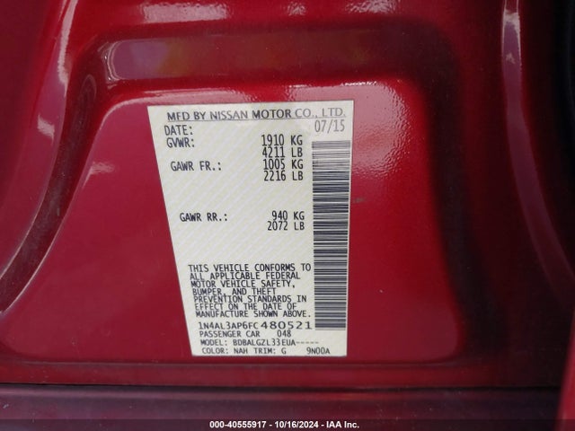 Nissan Altima 2.5/2.5 S/2.5 Sl/2.5 Sv 2015 1N4AL3AP6FC480521 Image 9