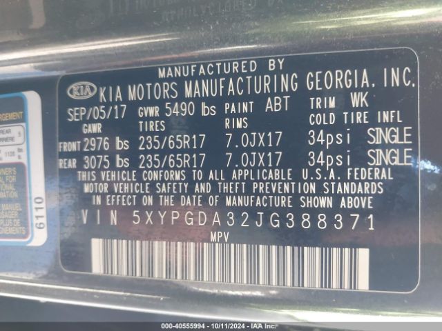 5XYPGDA32JG388371 KIA Sorento 2.4l Lx