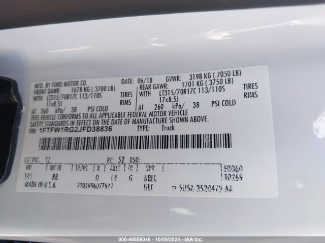 Ford F-150 Raptor 2018 1FTFW1RG2JFD38836 Image 9