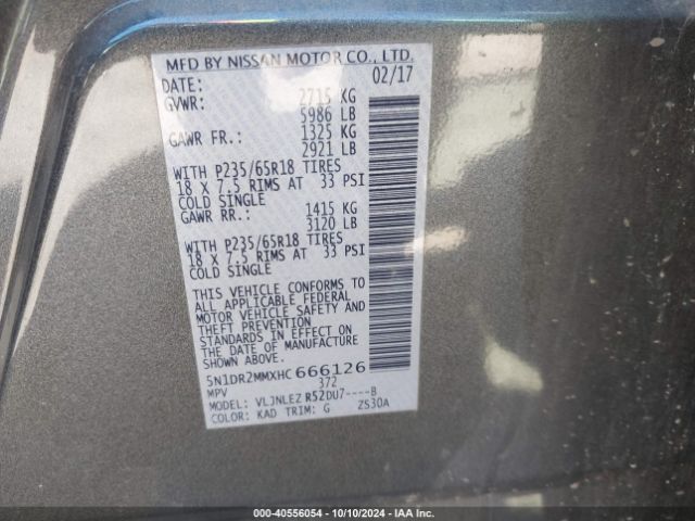 5N1DR2MMXHC666126 Nissan Pathfinder Sv
