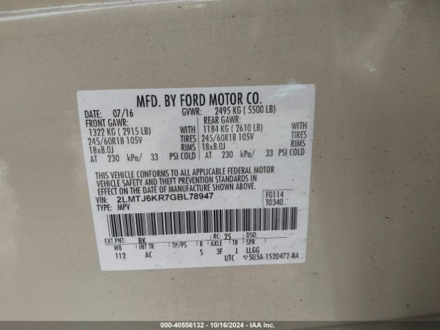 2LMTJ6KR7GBL78947 Lincoln Mkx Select