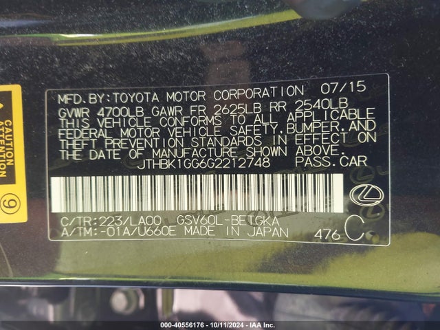 JTHBK1GG6G2212748 Lexus ES 350