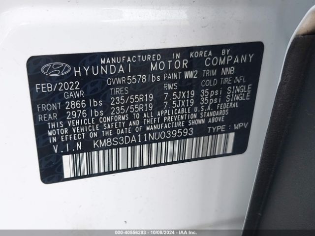 KM8S3DA11NU039593 Hyundai Santa Fe Hybrid Sel Premium