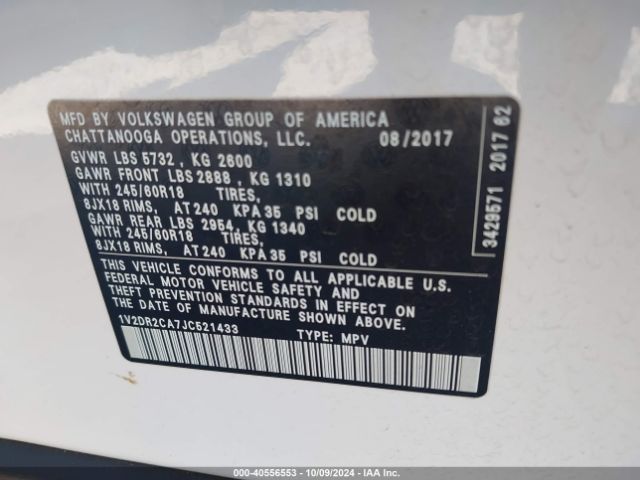 1V2DR2CA7JC521433 Volkswagen Atlas 3.6l V6 Se/3.6l V6 Se W/technology
