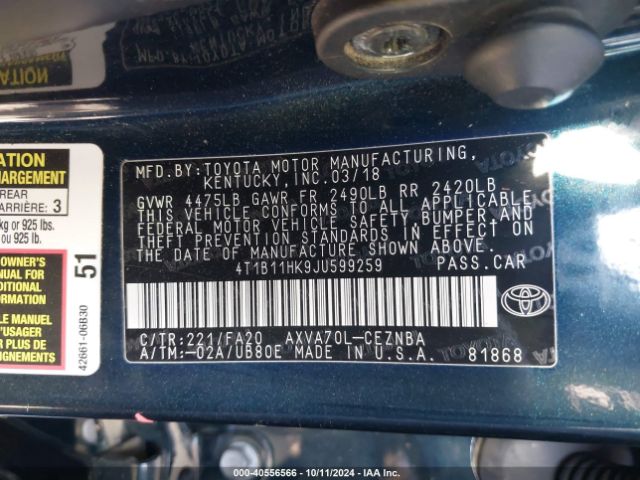 4T1B11HK9JU599259 Toyota CAMRY LE