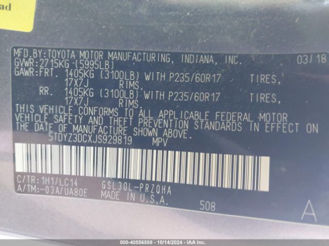 5TDYZ3DCXJS929819 Toyota Sienna Xle Premium 8 Passenger