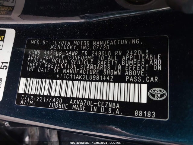 Toyota CAMRY LE 2020 4T1C11AK2LU981442 Image 9
