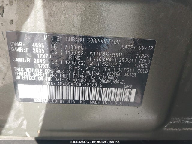 Subaru Outback 2.5i Premium 2019 4S4BSAFC9K3236816 Image 9