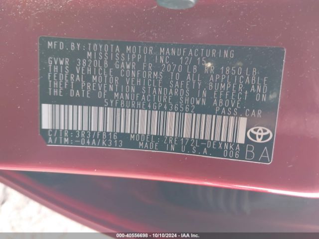 5YFBURHE4GP436562 Toyota Corolla Le Plus