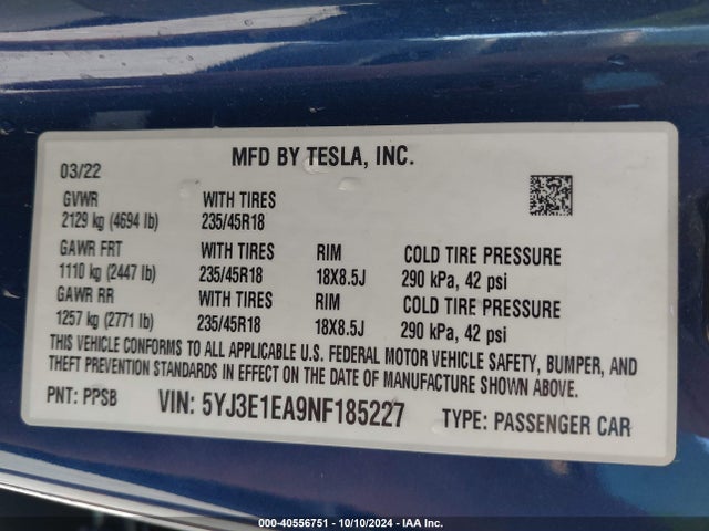 2022 TESLA MODEL 3 5YJ3E1EA9NF185227 Photo 8