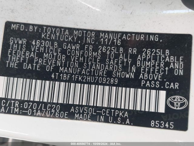 Toyota CAMRY XSE 2017 4T1BF1FK2HU709289 Image 9