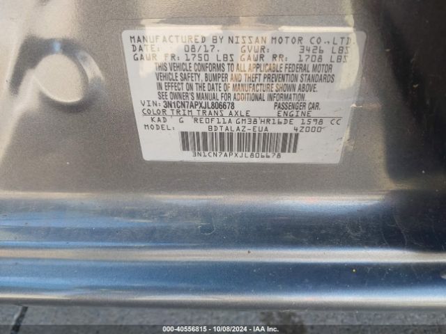 3N1CN7APXJL806678 Nissan Versa 1.6 S+