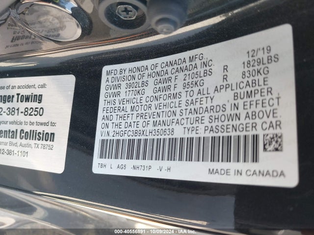 Honda Civic Touring 2020 2HGFC3B9XLH350638 Image 9