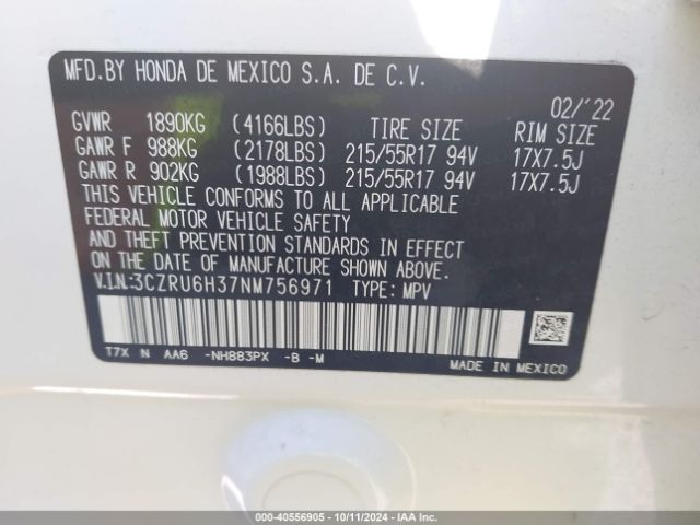3CZRU6H37NM756971 Honda Hr-v Awd Lx