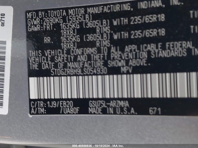 Toyota Highlander Xle 2020 5TDGZRBH9LS054930 Image 9