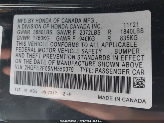 2HGFE2F55NH550079 Honda Civic Sport