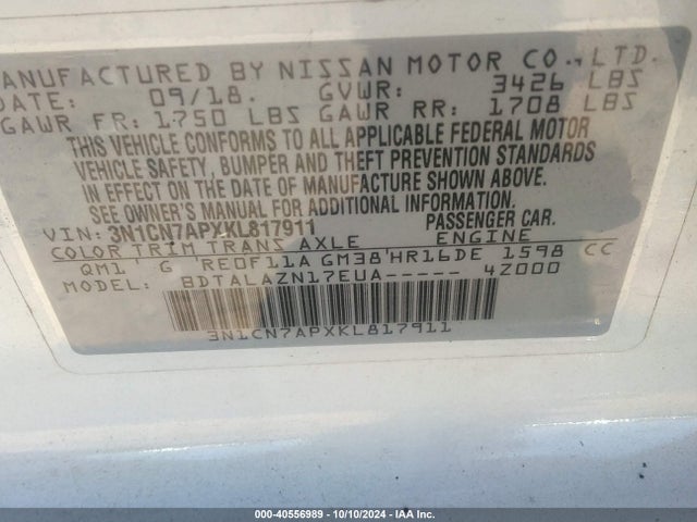 Nissan Versa 1.6 S+ 2019 3N1CN7APXKL817911 Image 9