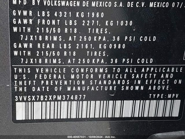 3VVSX7B2XPM374877 Volkswagen Taos 1.5t Se
