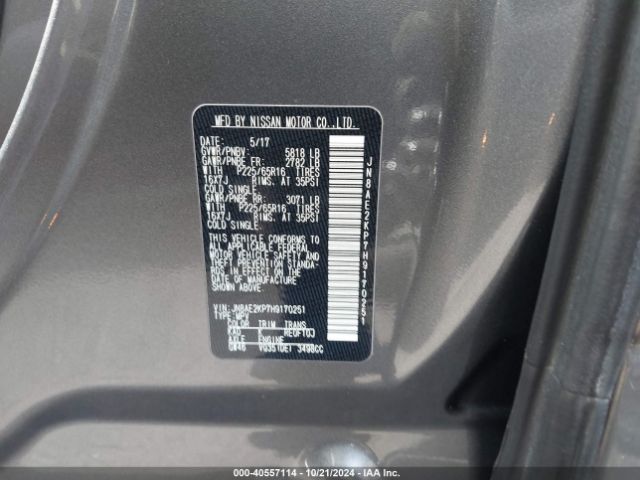 JN8AE2KP7H9170251 Nissan Quest Sv