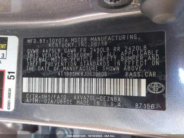 4T1B11HK8JU639606 Toyota CAMRY LE