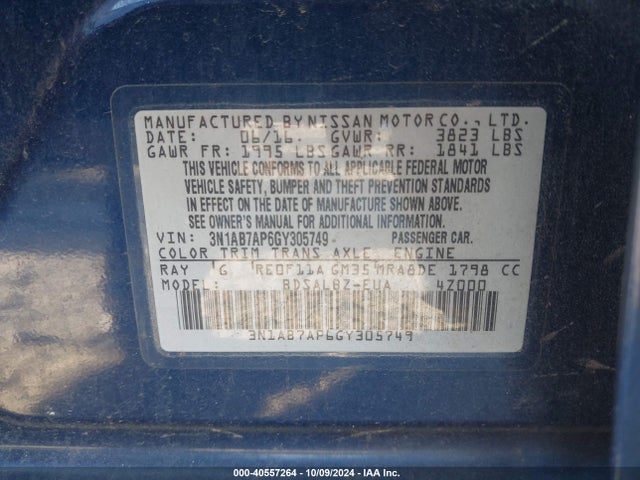 Nissan SENTRA S 2016 3N1AB7AP6GY305749 Image 9